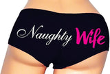Sexy Girl Rock Naughty Wife Panties—Black Cheeky Booty Shorts with White & Pink Print, Flirty Lingerie for I Love My Husband