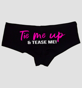 Tie Me Up and Tease Me Panties – Black Cotton Boyshorts for Women, Sexy BDSM Lingerie Gift S-3X, Submissive Playwear