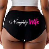 Sexy Girl Rock Naughty Wife Panties—Black Cheeky Booty Shorts with White & Pink Print, Flirty Lingerie for I Love My Husband