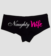 Sexy Girl Rock Naughty Wife Panties—Black Cheeky Booty Shorts with White & Pink Print, Flirty Lingerie for I Love My Husband
