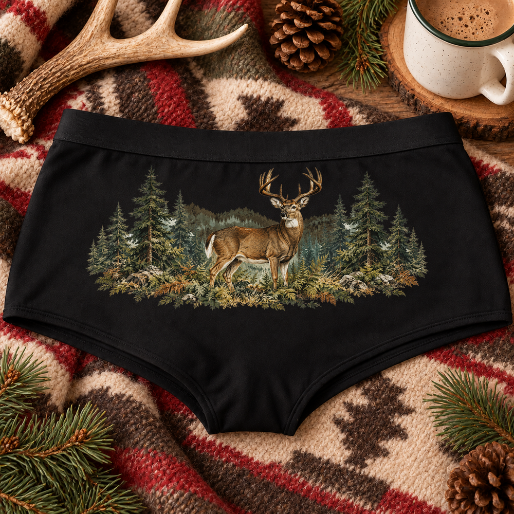 Black Vintage Deer hunting boyshort underwear with whitetail buck art, lifestyle photo