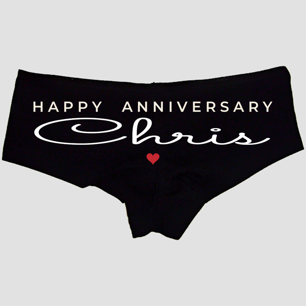 Black Happy Anniversary custom name boyshort panties with the name in cream script and a small red heart