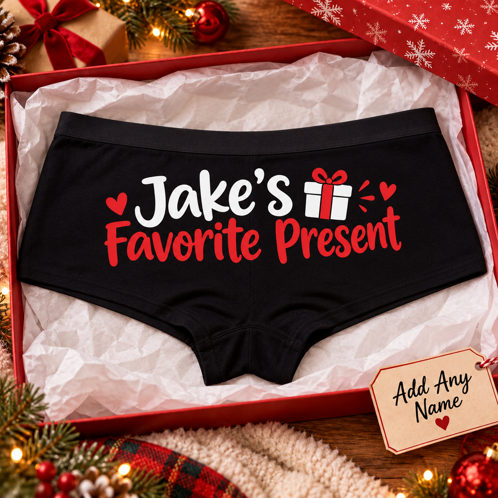 Black Favorite Present custom name boyshort panties with red and white lettering and gift box