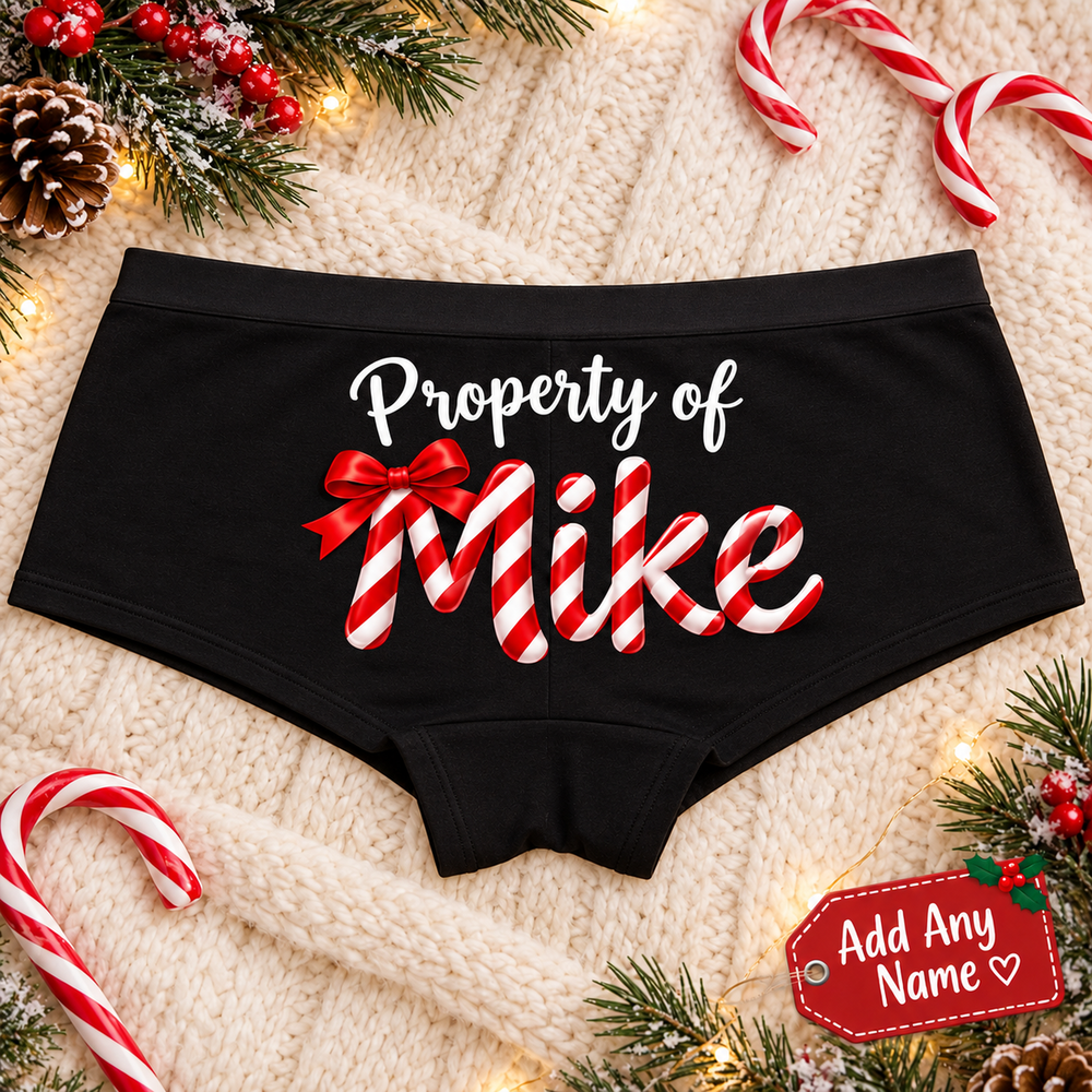 Black Property Of custom name boyshort panties with candy cane name lettering and red bow