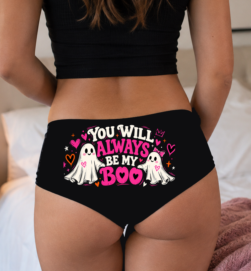 Model in a top wearing black boyshorts with the You Will Always Be My Boo ghost print