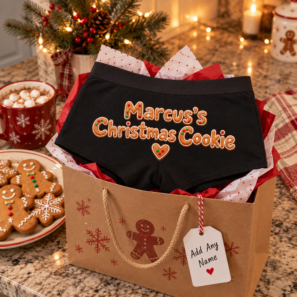 Custom name Christmas Cookie boyshort panties in a kraft gingerbread gift bag with an Add Any Name tag