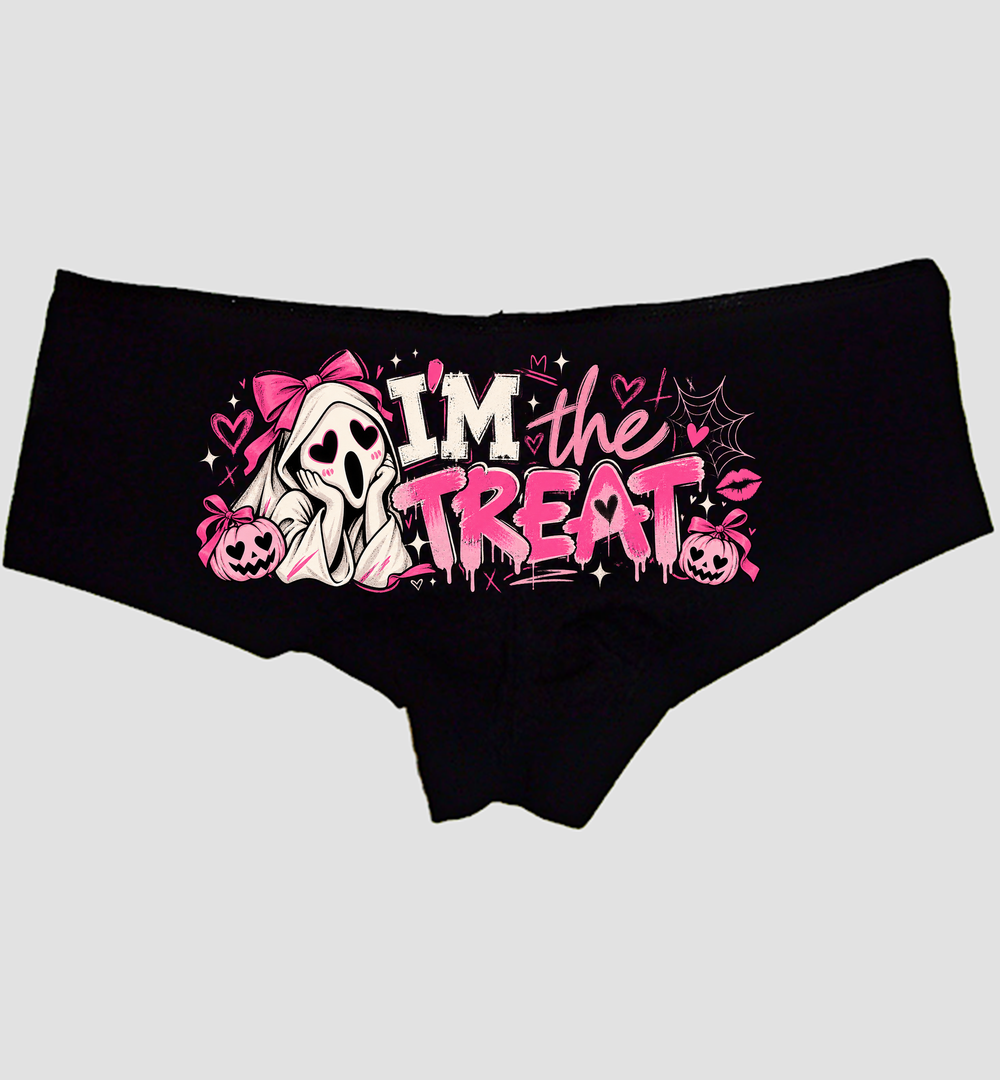 Black boyshort panties printed I'M the TREAT with a bow ghost and pumpkins — Sexy Girl Rock