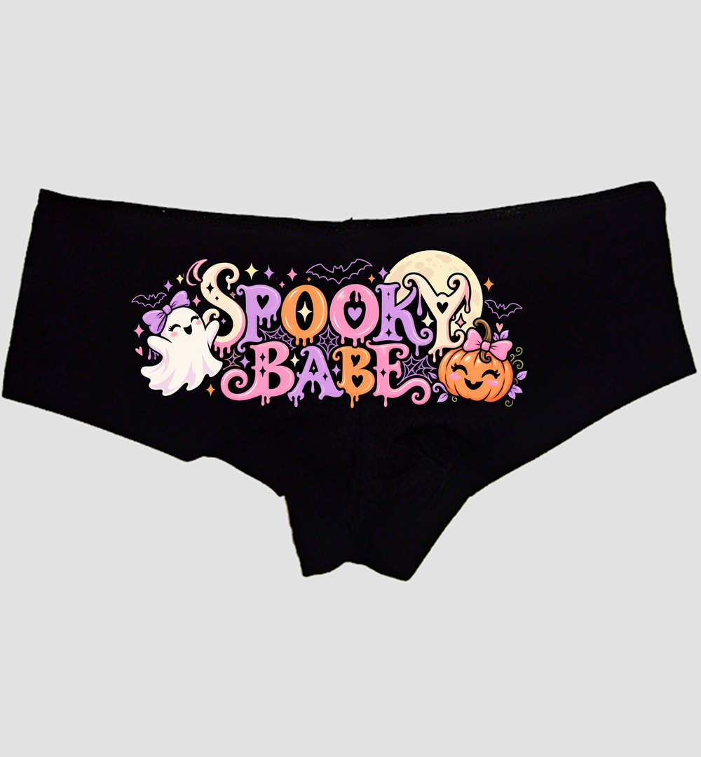 Black boyshort panties with drip-letter SPOOKY BABE, a bow ghost, moon, and pumpkin — Sexy Girl Rock