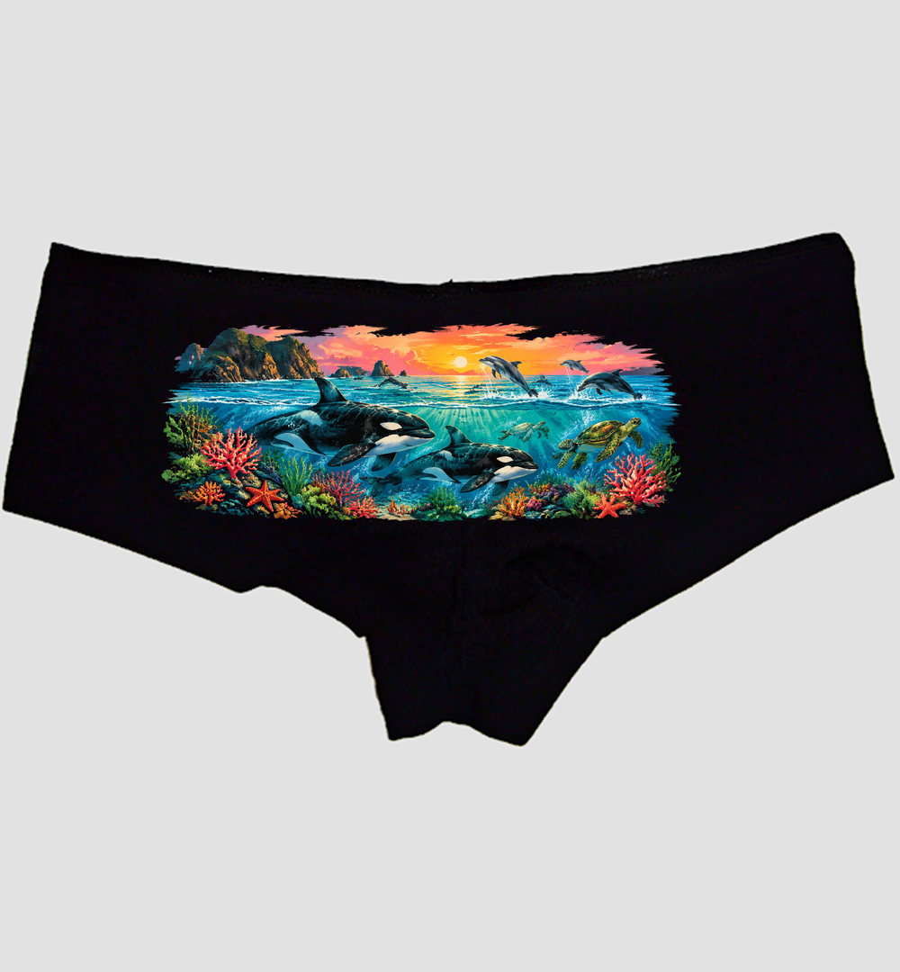 90s ocean wildlife boyshort panties hero — black cotton orca dolphin turtle print, Sexy Girl Rock