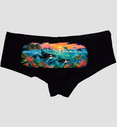 90s ocean wildlife boyshort panties hero — black cotton orca dolphin turtle print, Sexy Girl Rock