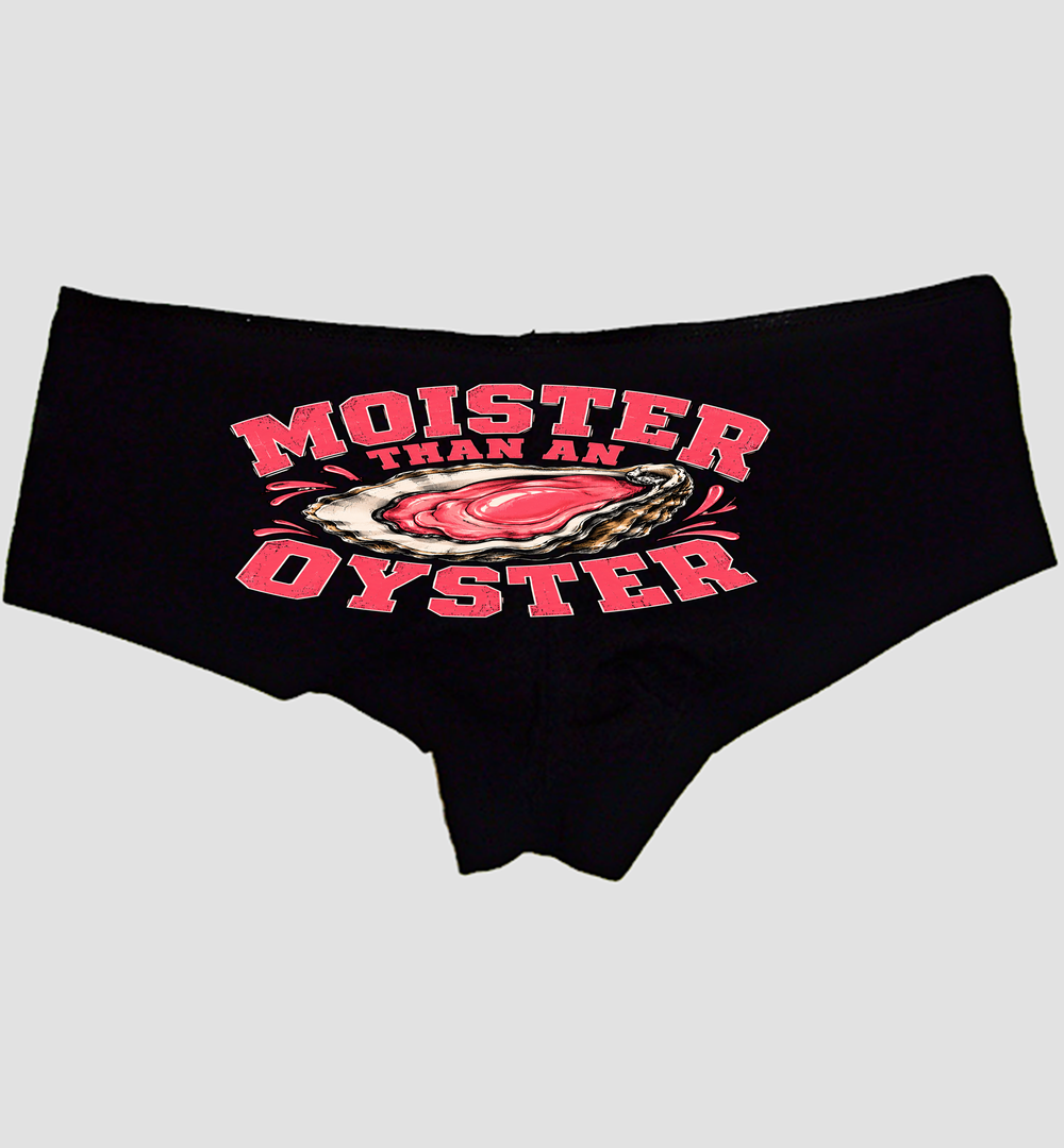 Black cotton boyshort panties with coral MOISTER text and oyster artwork centered on the seat — Sexy Girl Rock