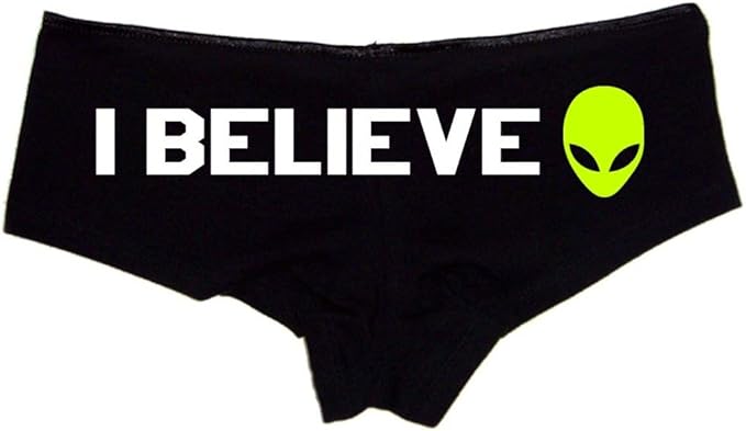 I Believe Alien Panties – Black Cotton Boyshorts for Women, Funny Space Lingerie Gift S-3X, Flirty UFO Style