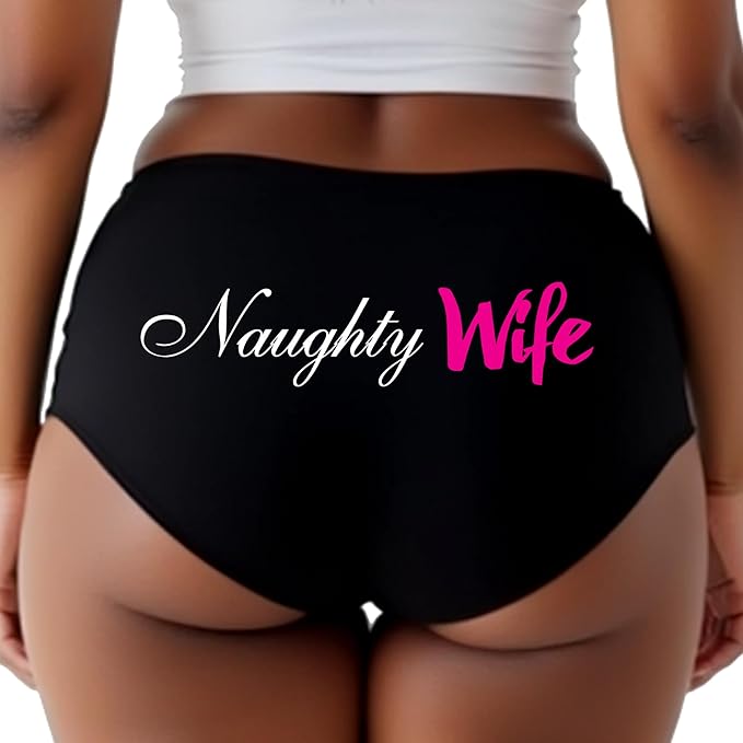 Sexy Girl Rock Naughty Wife Panties—Black Cheeky Booty Shorts with White & Pink Print, Flirty Lingerie for I Love My Husband