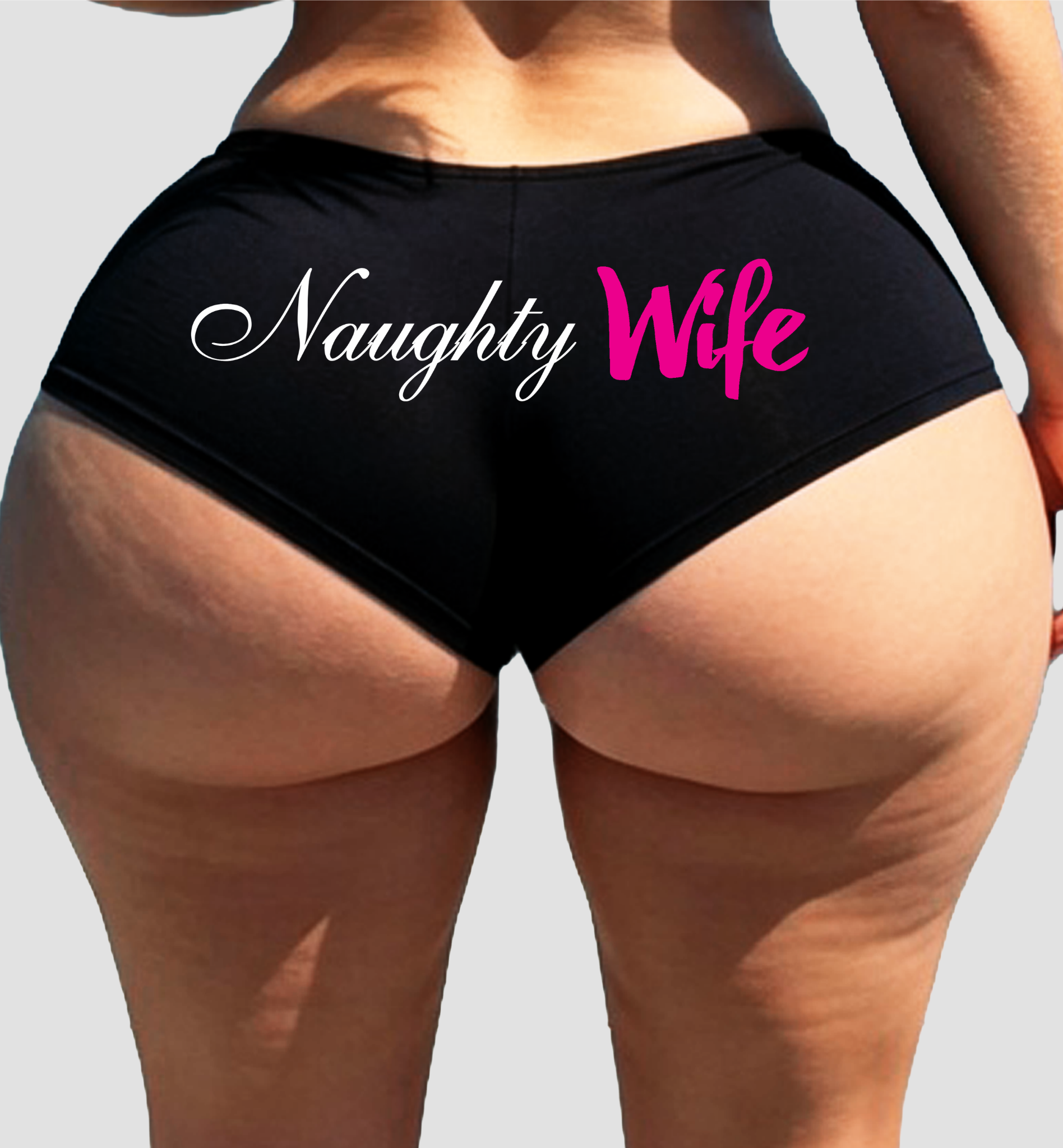 Sexy Girl Rock Naughty Wife Panties—Black Cheeky Booty Shorts with White & Pink Print, Flirty Lingerie for I Love My Husband