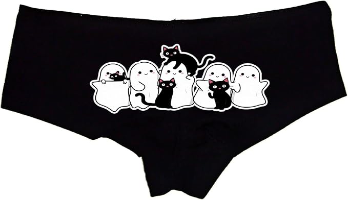 Sexy Girl Rock Ghost & Cat Halloween Panties – Funny Spooky Season Underwear for Women, Retro Black Boyshort Lingerie Gift