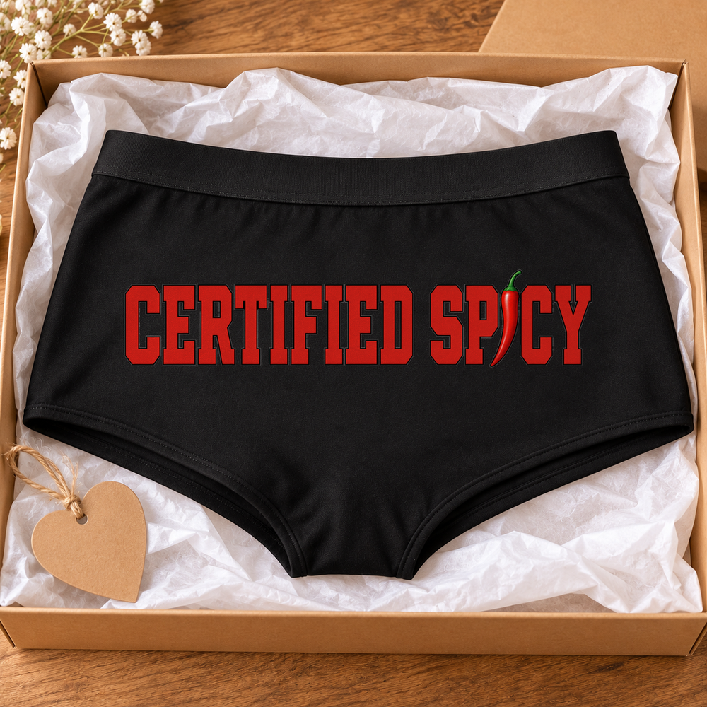 Certified Spicy panties – black boyshort underwear with "Certified Spicy" saying, lifestyle photo