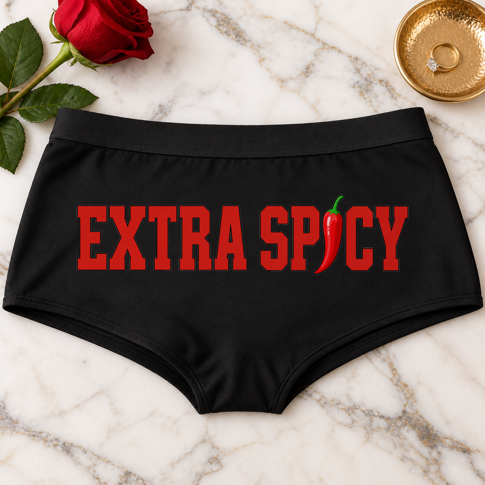 Extra Spicy panties – black boyshort underwear with "Extra Spicy" saying, lifestyle photo