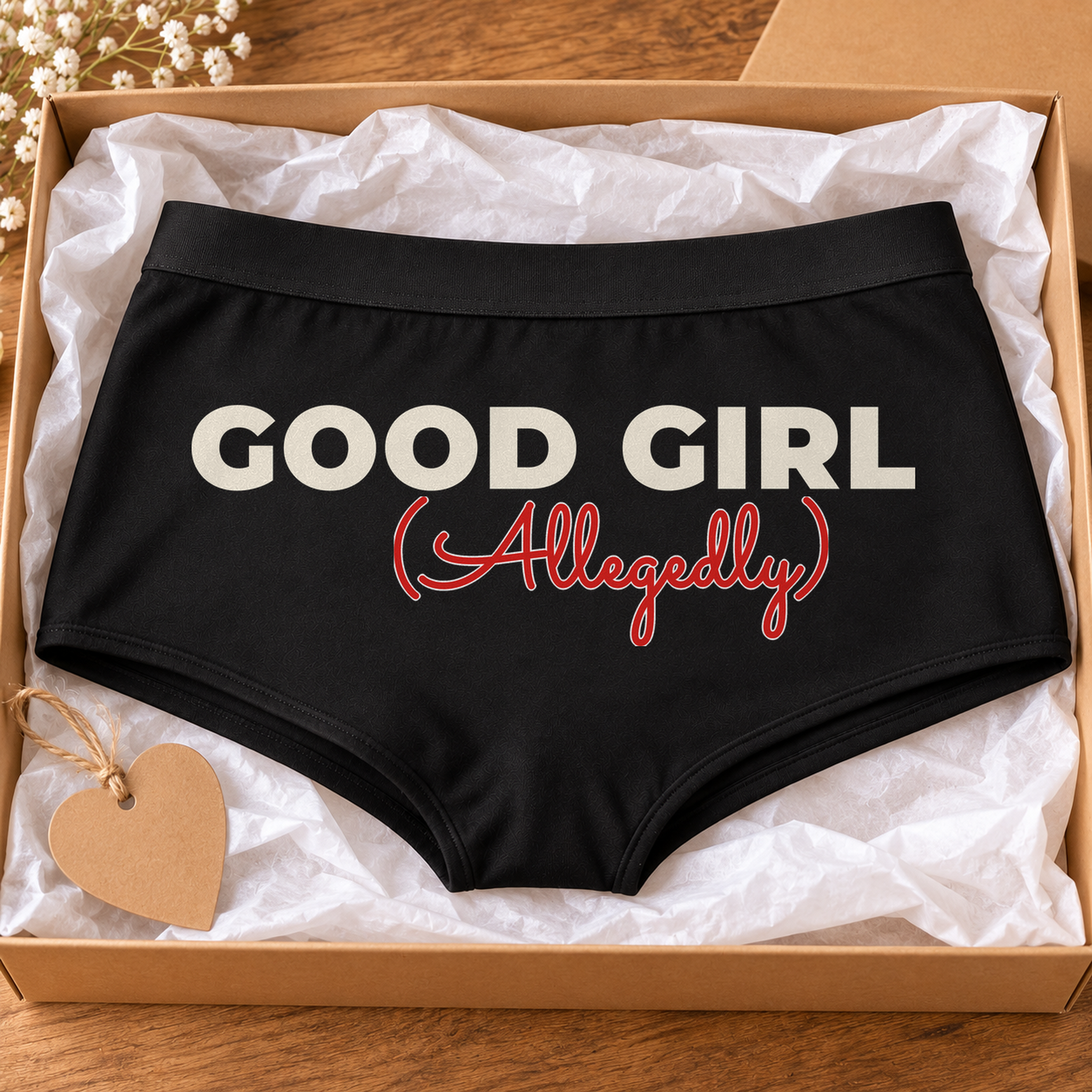 Good Girl Allegedly panties – black boyshort underwear with "Good Girl Allegedly" saying, lifestyle photo