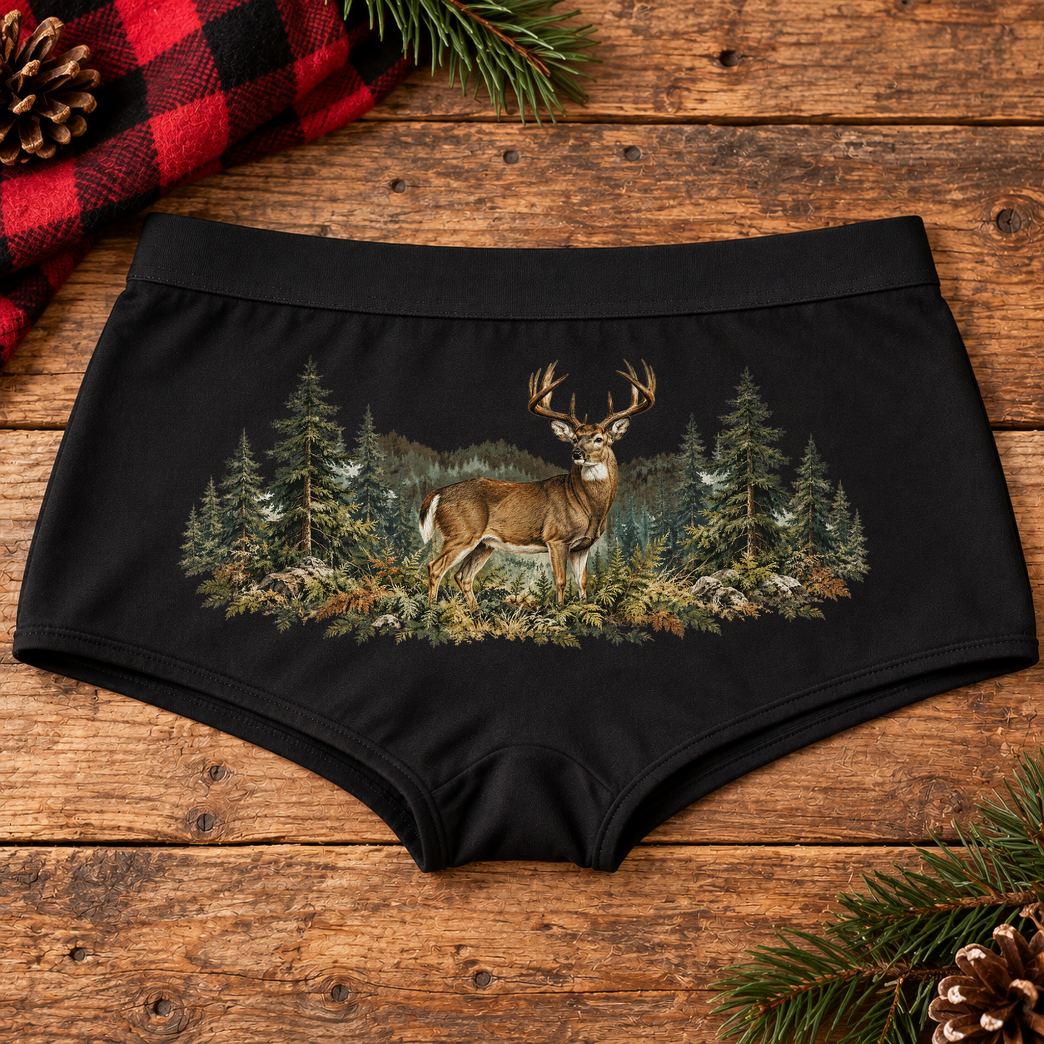 Black Vintage Deer hunting boyshort underwear on rustic wood with buffalo plaid and pine, lifestyle photo