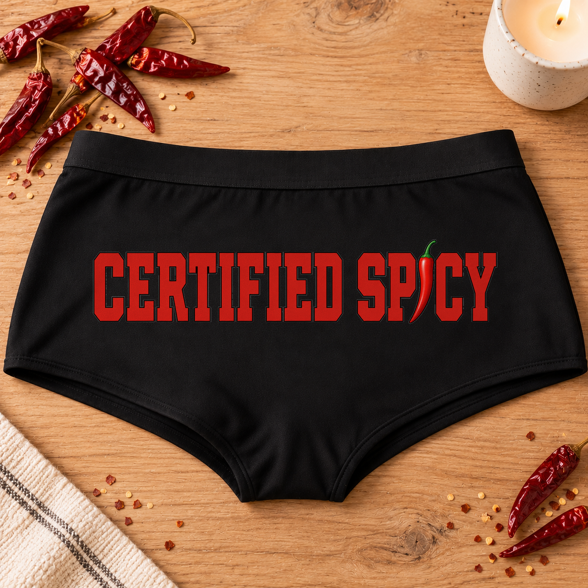 Certified Spicy panties – black boyshort underwear with "Certified Spicy" saying, lifestyle photo