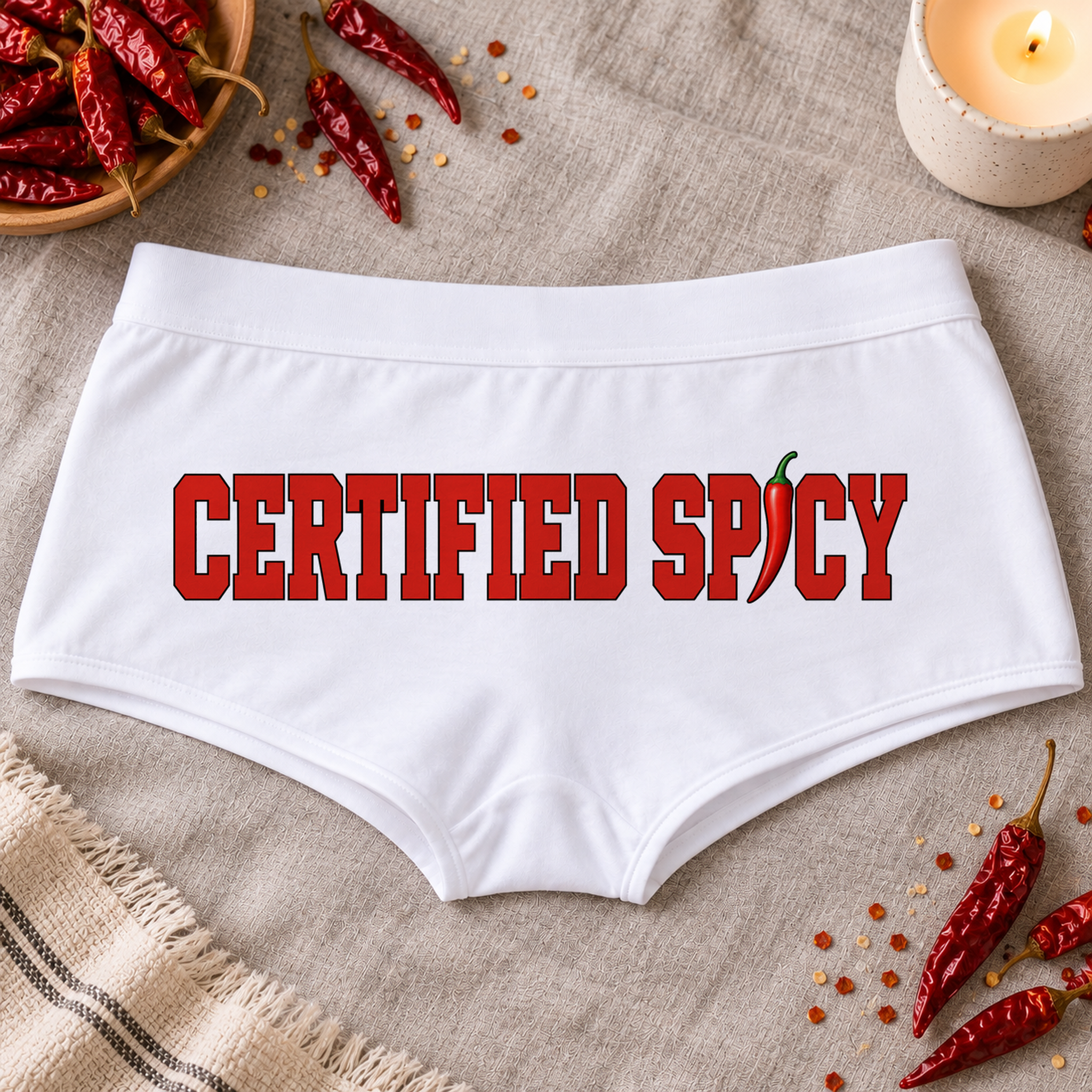 Certified Spicy panties – white boyshort underwear with "Certified Spicy" saying, lifestyle photo