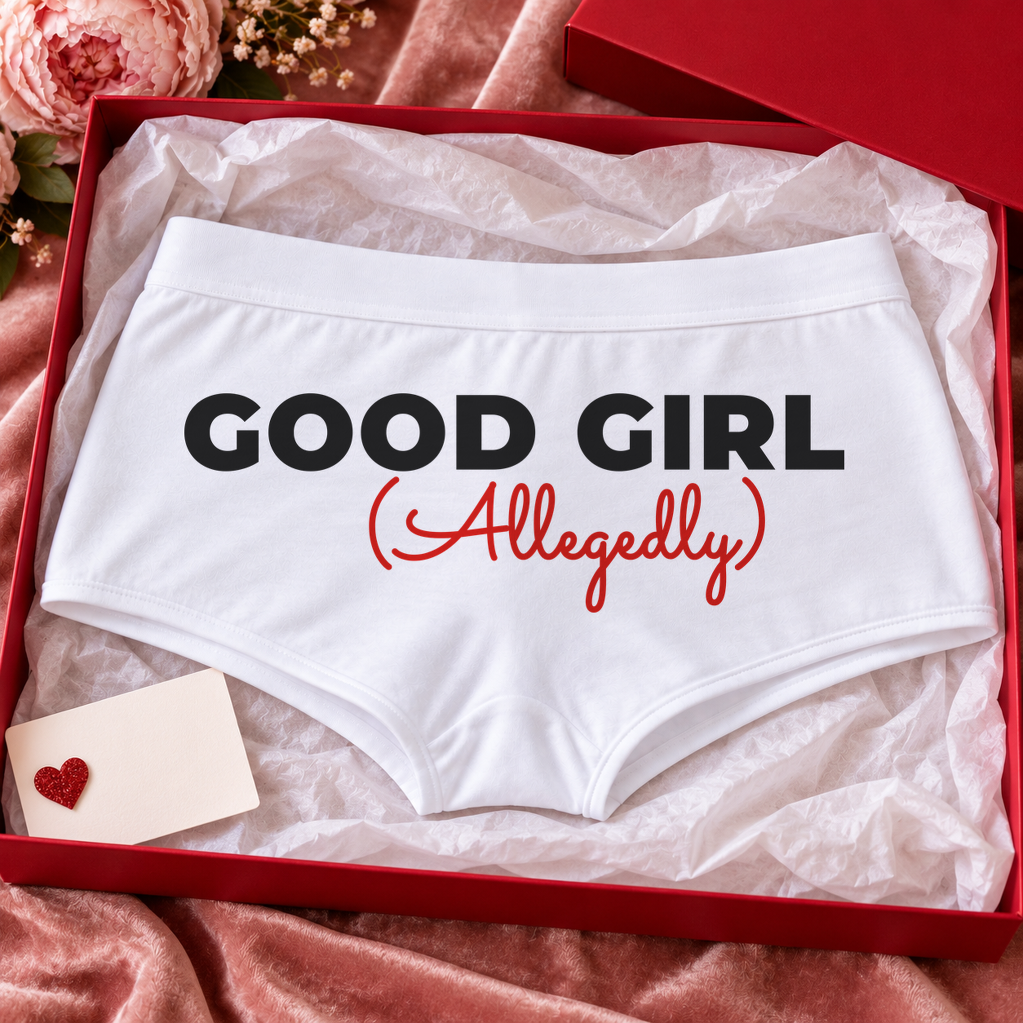 Good Girl Allegedly panties – white boyshort underwear with "Good Girl Allegedly" saying, lifestyle photo