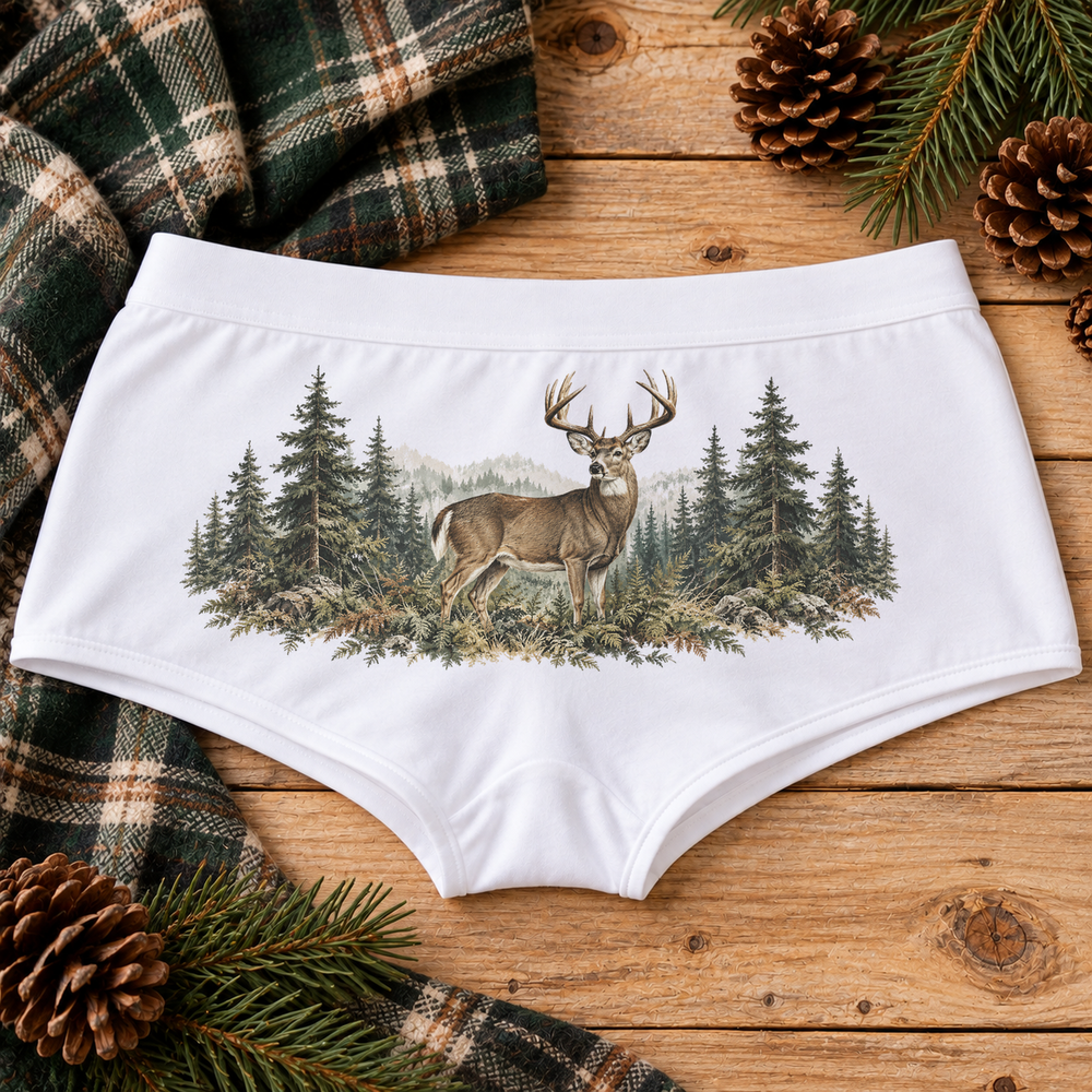 White Vintage Deer hunting boyshort underwear with whitetail buck art, lifestyle photo