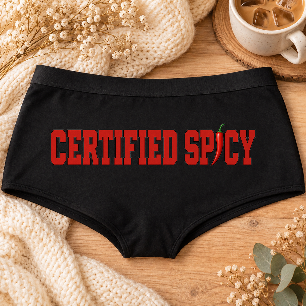 Certified Spicy panties – black boyshort underwear with "Certified Spicy" saying, flat-lay