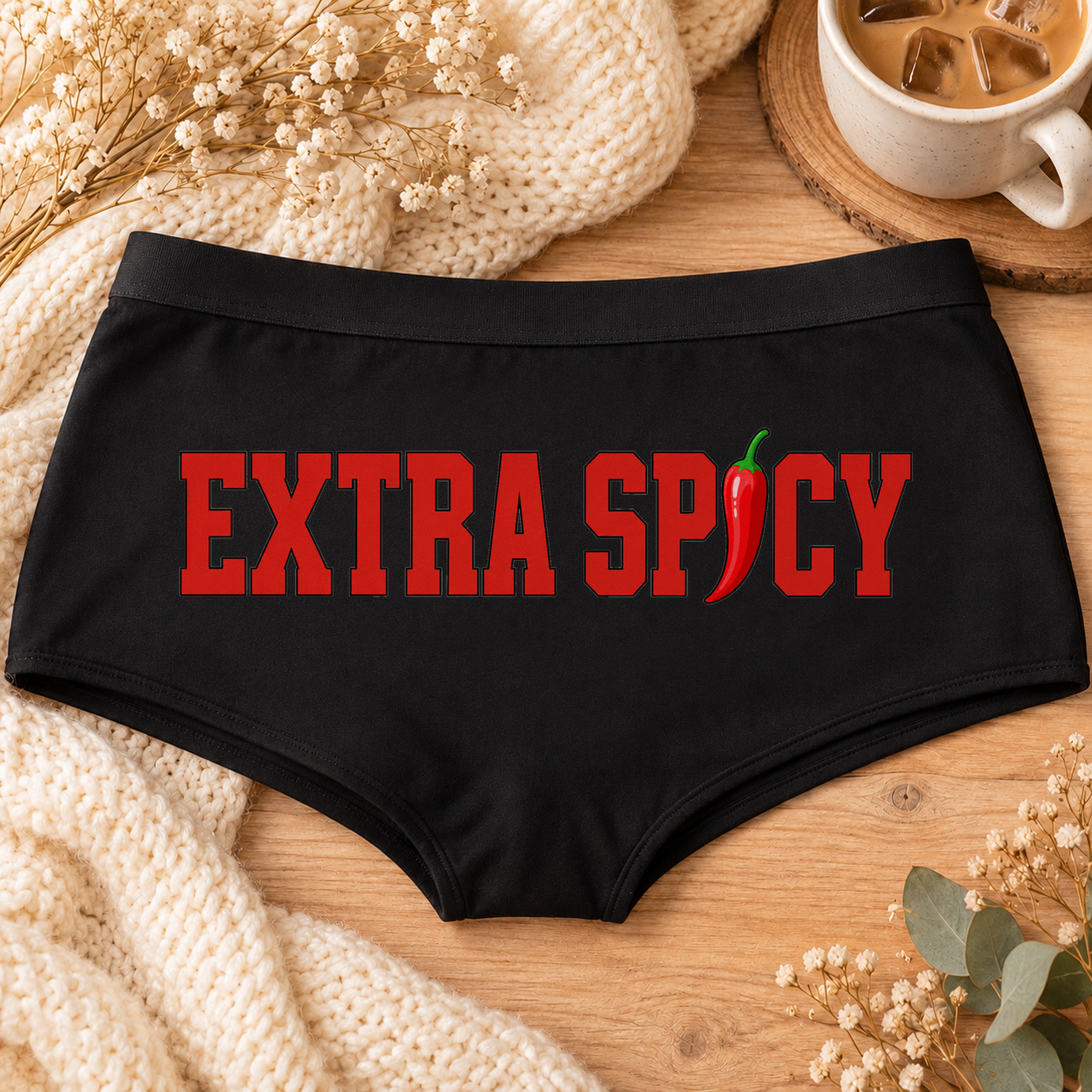 Extra Spicy panties – black boyshort underwear with "Extra Spicy" saying, flat-lay