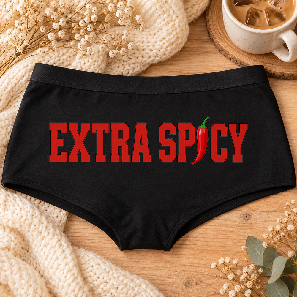 Extra Spicy panties – black boyshort underwear with "Extra Spicy" saying, flat-lay