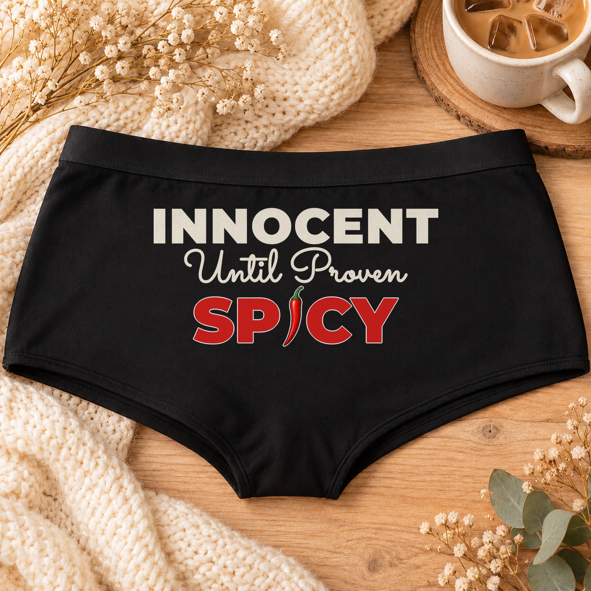 Innocent Until Proven Spicy panties – black boyshort underwear with "Innocent Until Proven Spicy" saying, flat-lay