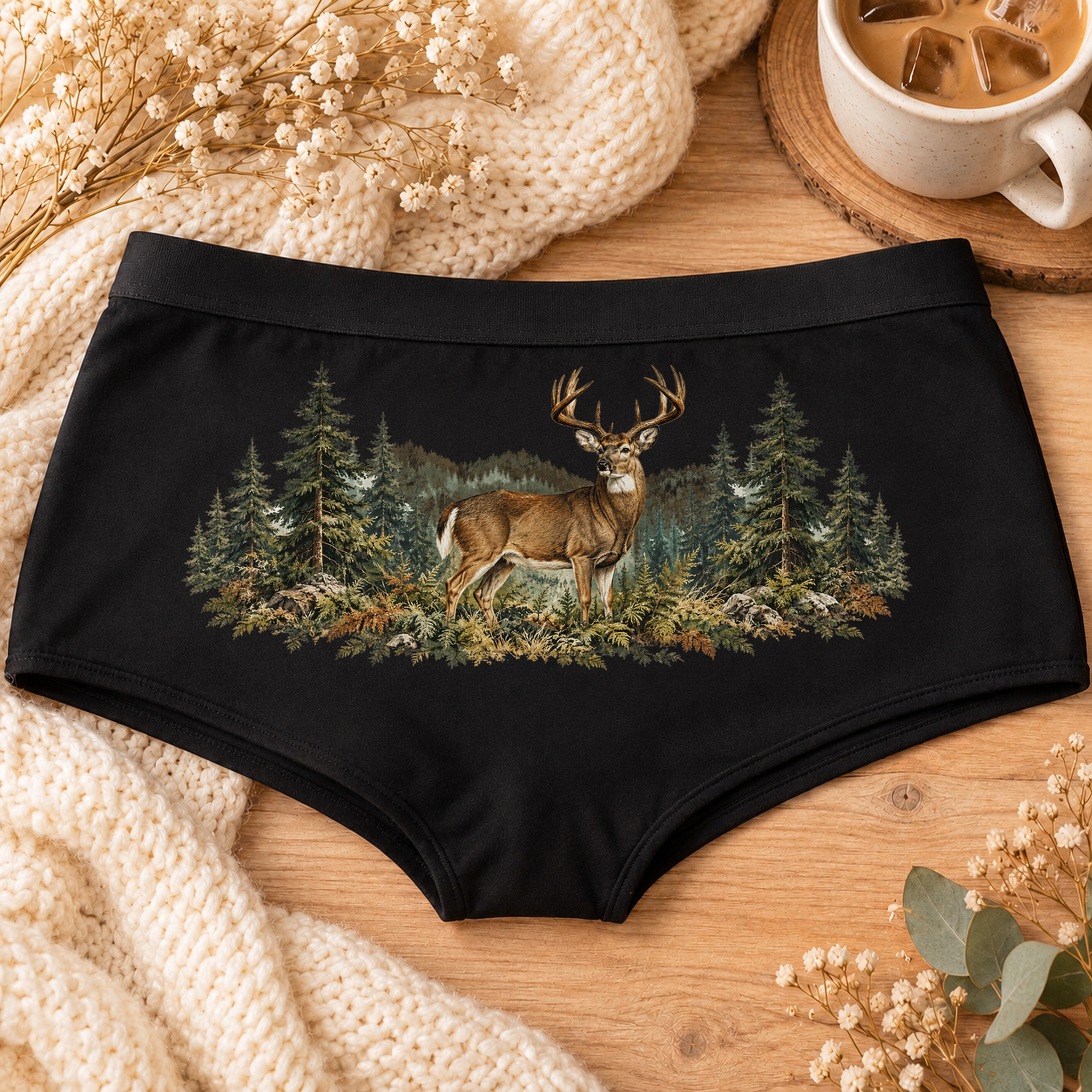 Black Vintage Deer hunting boyshort underwear with a whitetail buck in a pine forest scene, flat-lay