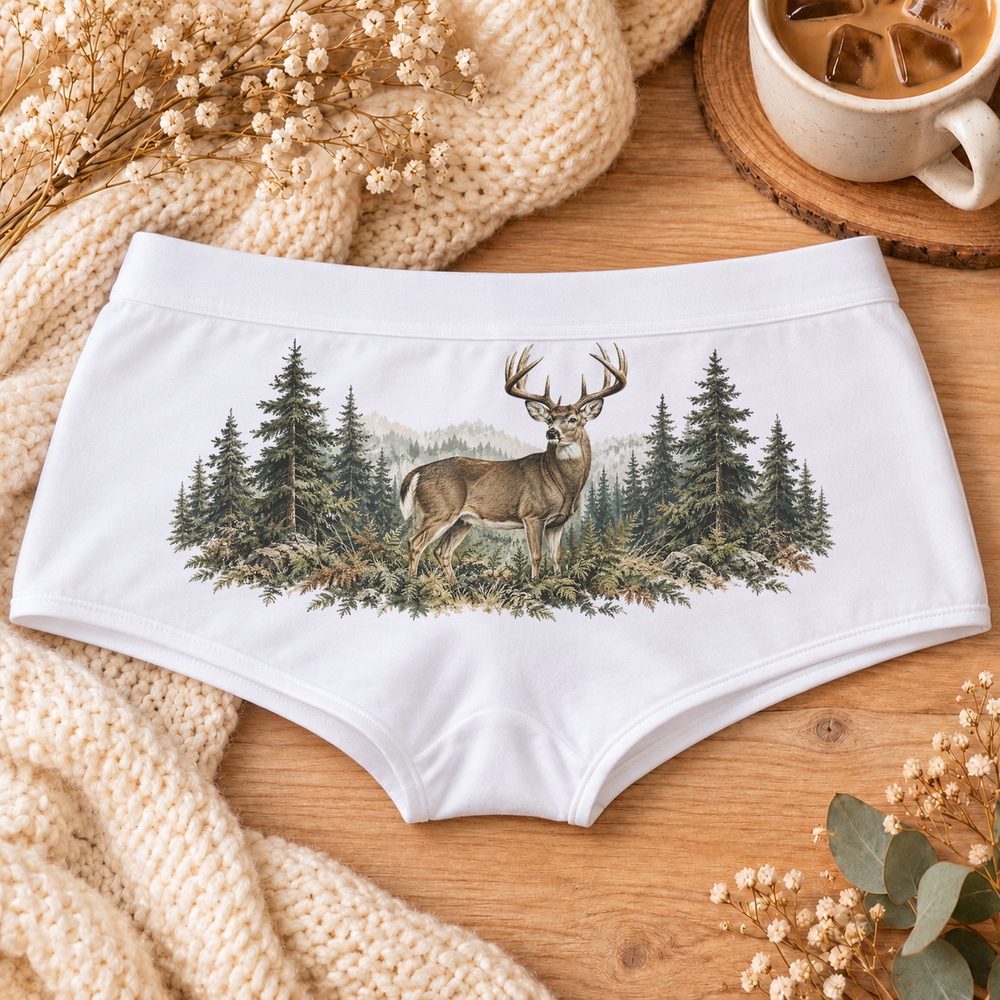 White Vintage Deer hunting boyshort underwear with a whitetail buck in a muted pine forest scene, flat-lay