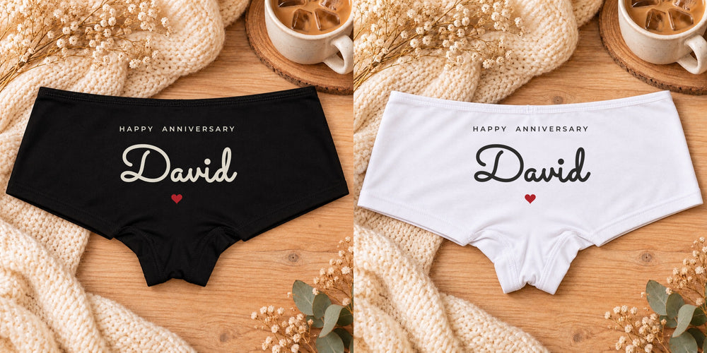Happy Anniversary personalized boyshort panties flat-lay in black and white, example name shown in script