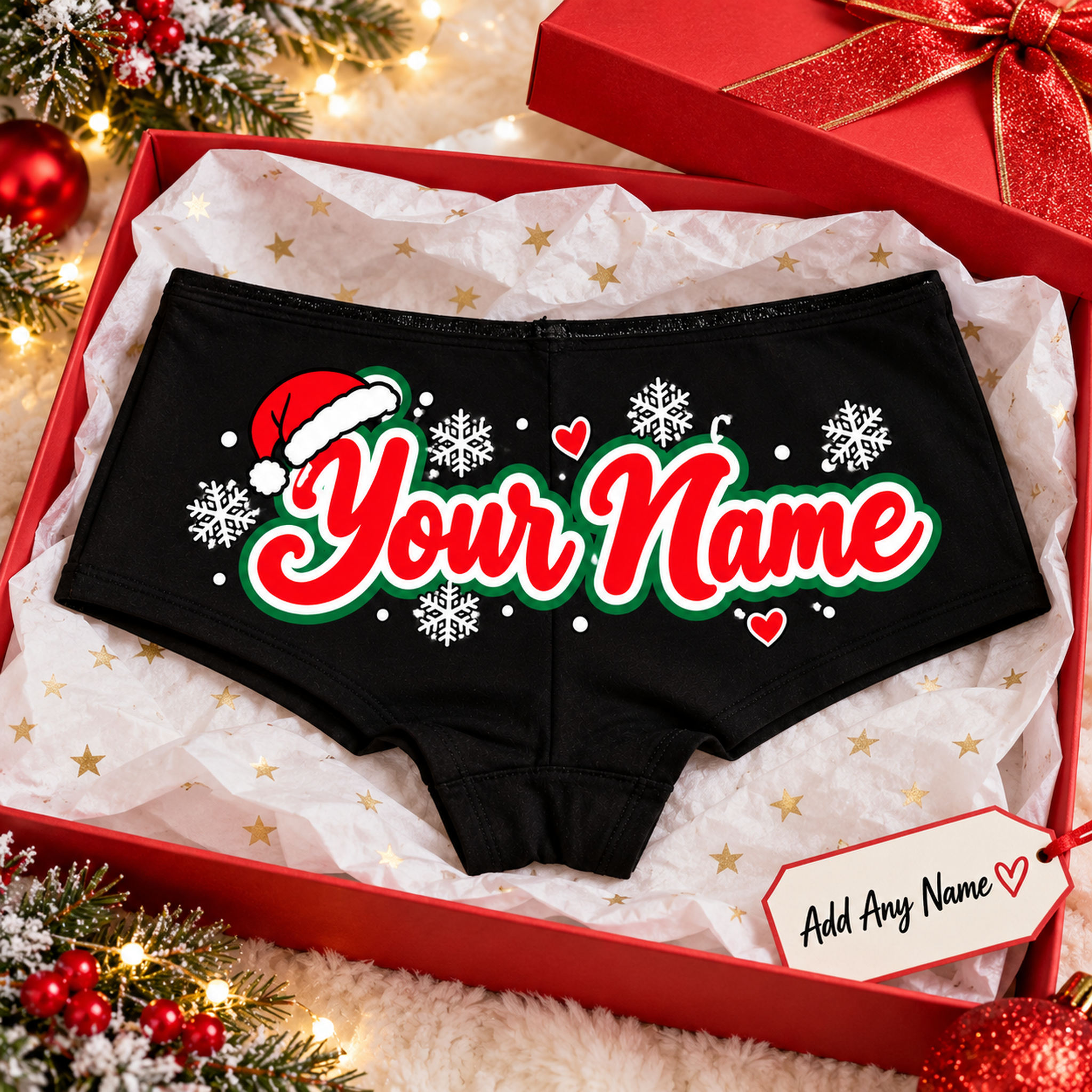 Custom name Christmas boyshort panties in a gift box