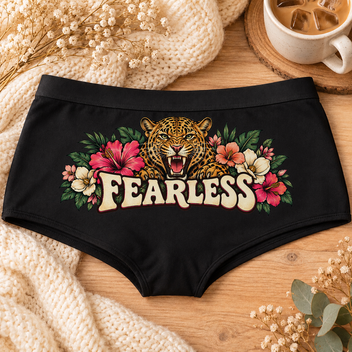 Black Fearless leopard print boyshort underwear with a roaring leopard, hibiscus flowers, tropical leaves and cream Fearless lettering, flat-lay