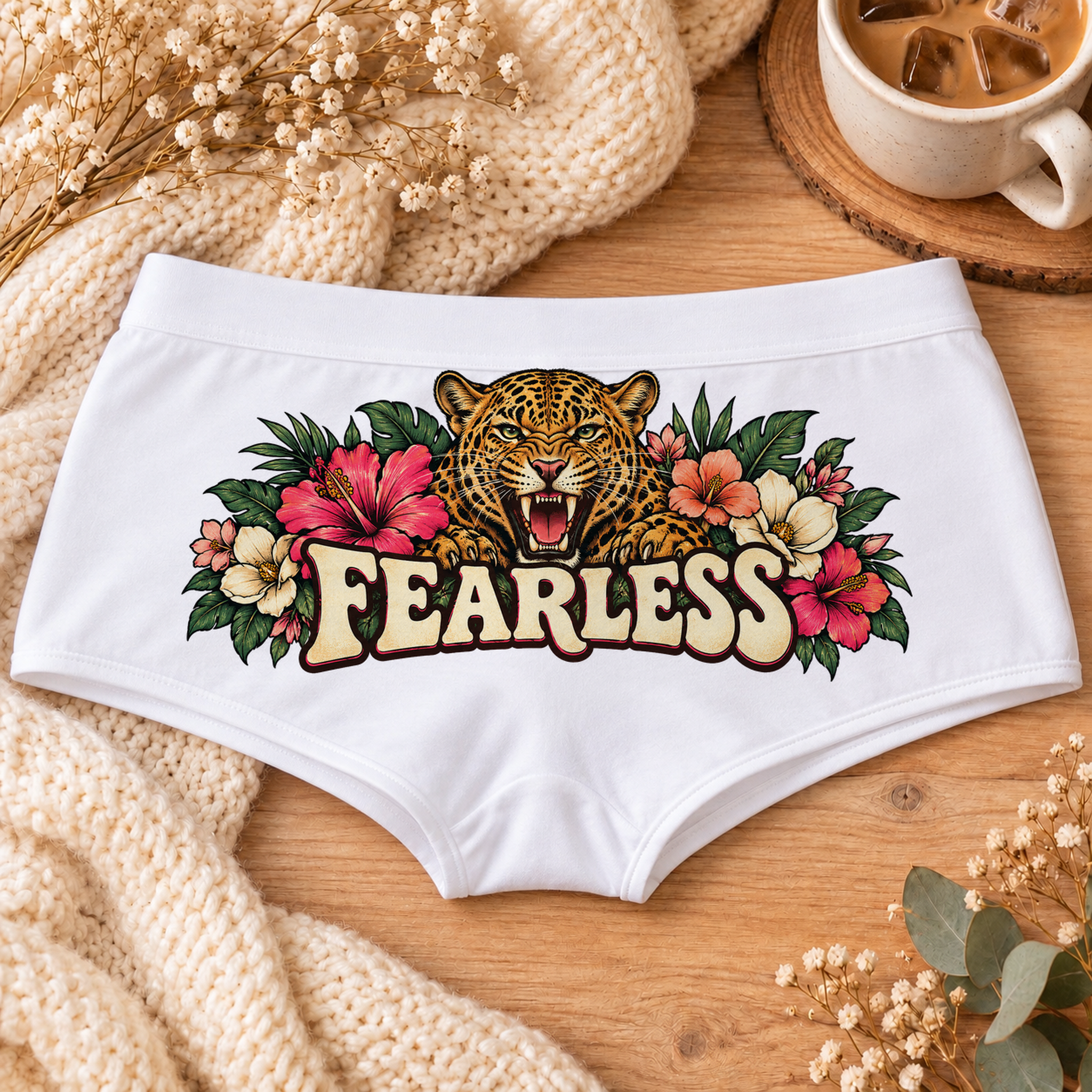 White Fearless leopard print boyshort underwear with a roaring leopard, hibiscus flowers, tropical leaves and cream Fearless lettering, flat-lay