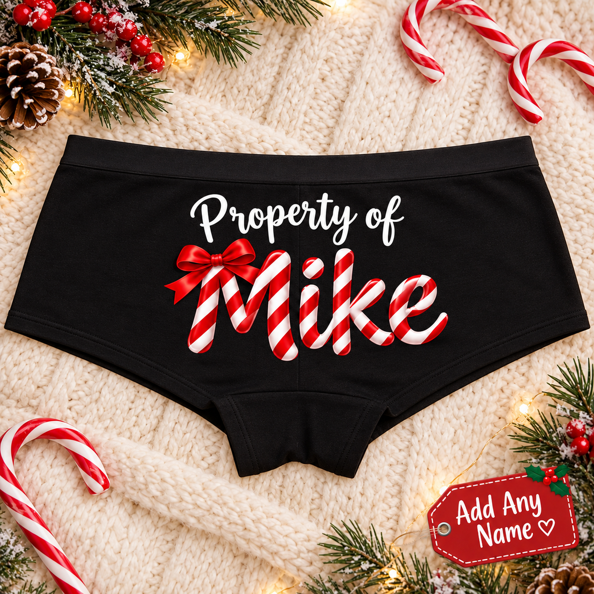 Black Property Of custom name boyshort panties with candy cane name lettering and red bow