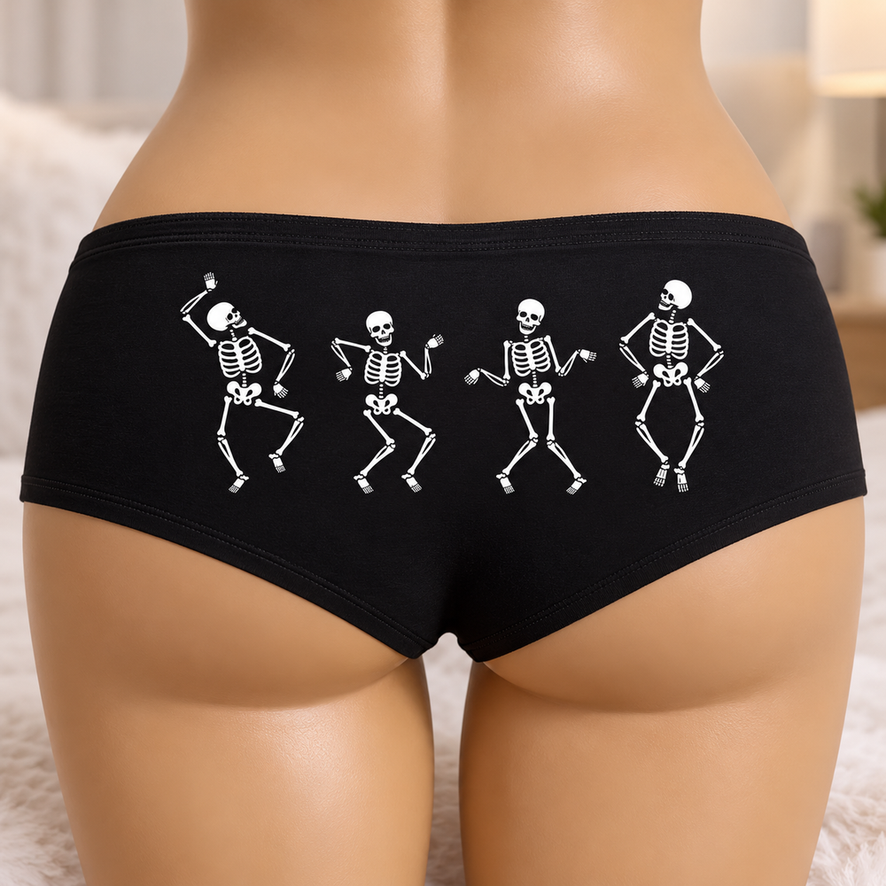 Lifestyle photo — Dancing Skeletons black boyshort panties, Sexy Girl Rock