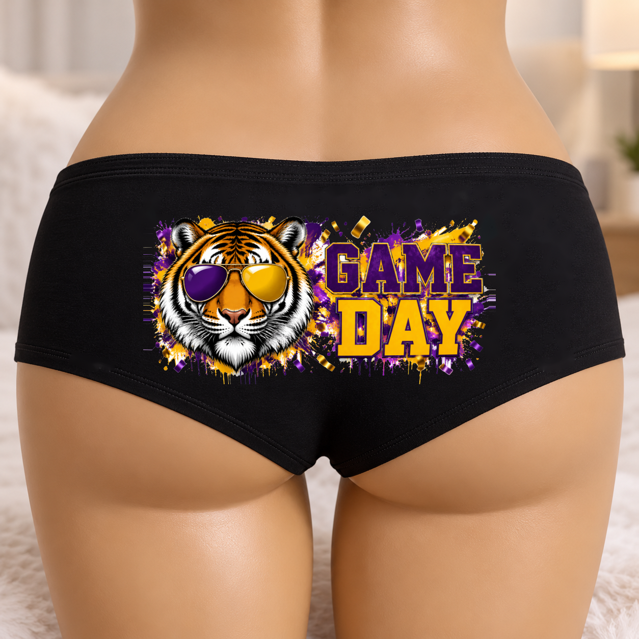 Game Day Tiger Boyshort Panties — Black Cotton Booty Shorts, Purple and Gold Print