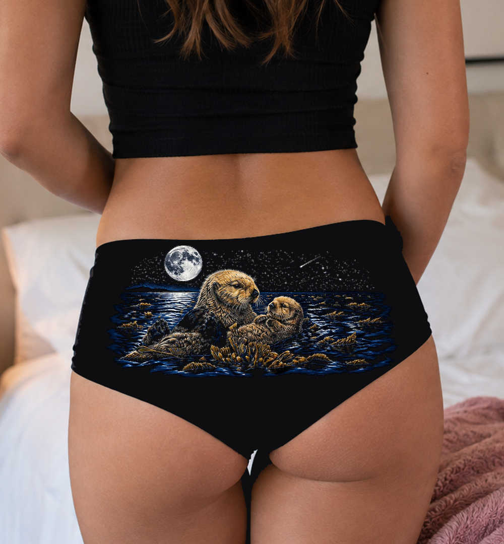 Moonlit Sea Otters Boyshort Panties — Black Cotton, Otter Pup and Kelp Night Print — lifestyle image