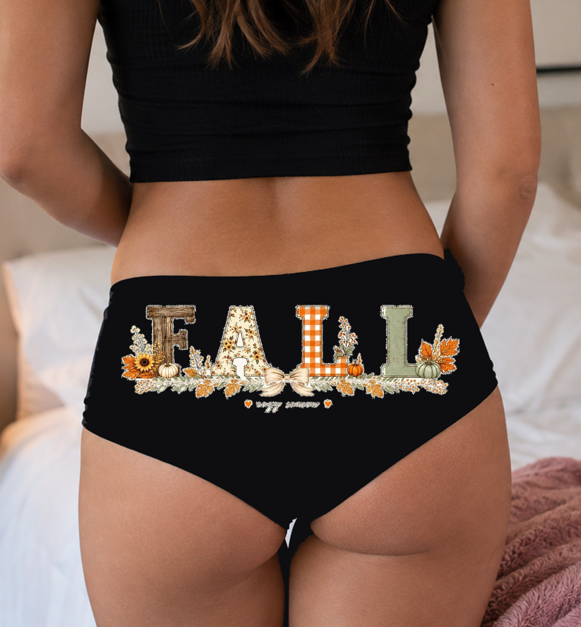 Fall Cozy Boyshort Panties — Black Cotton, Patterned FALL and Cozy Season Print — lifestyle image
