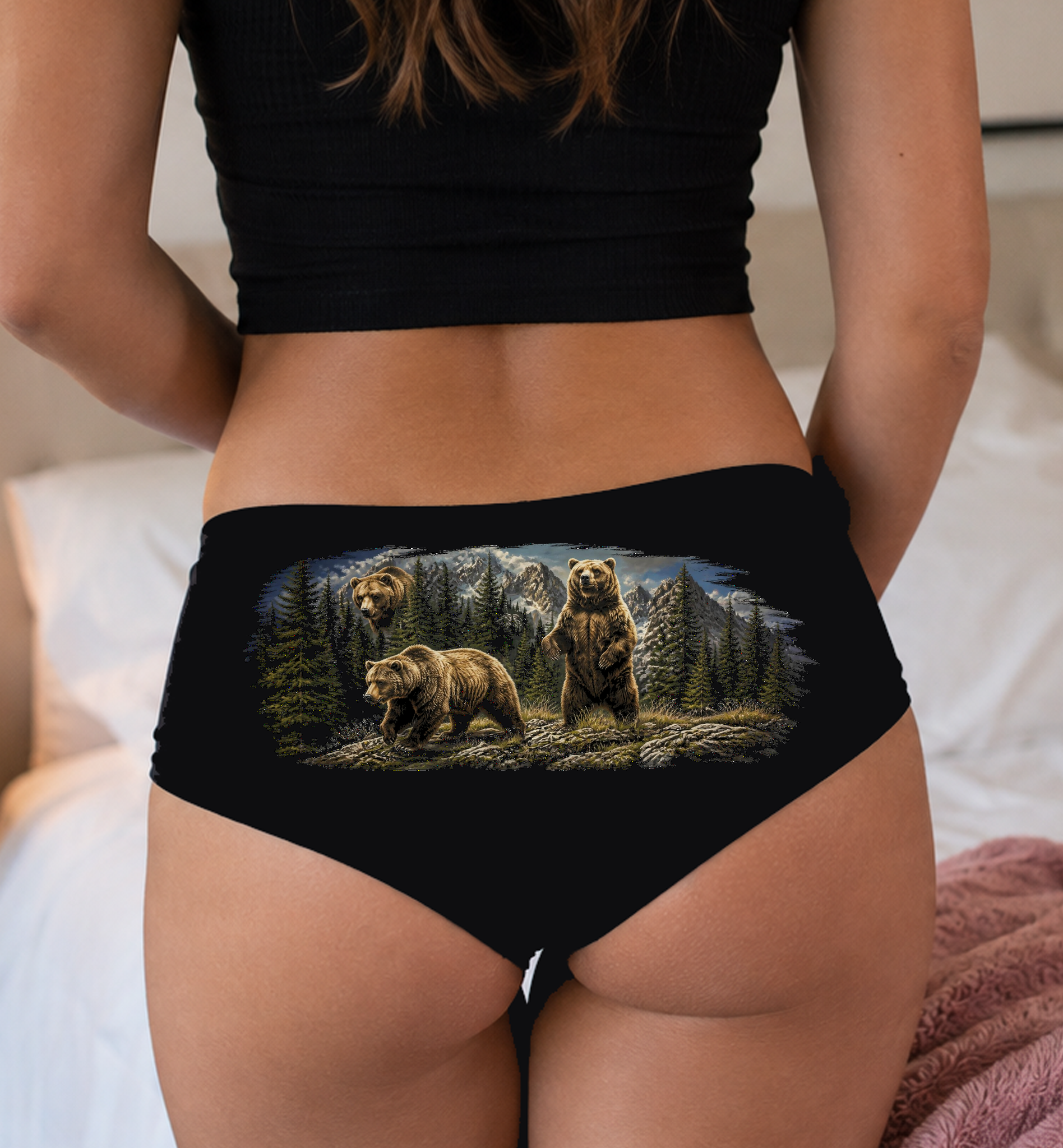 90s Grizzly Bears Boyshort Panties — lifestyle photo, mountain wilderness print mid-panel