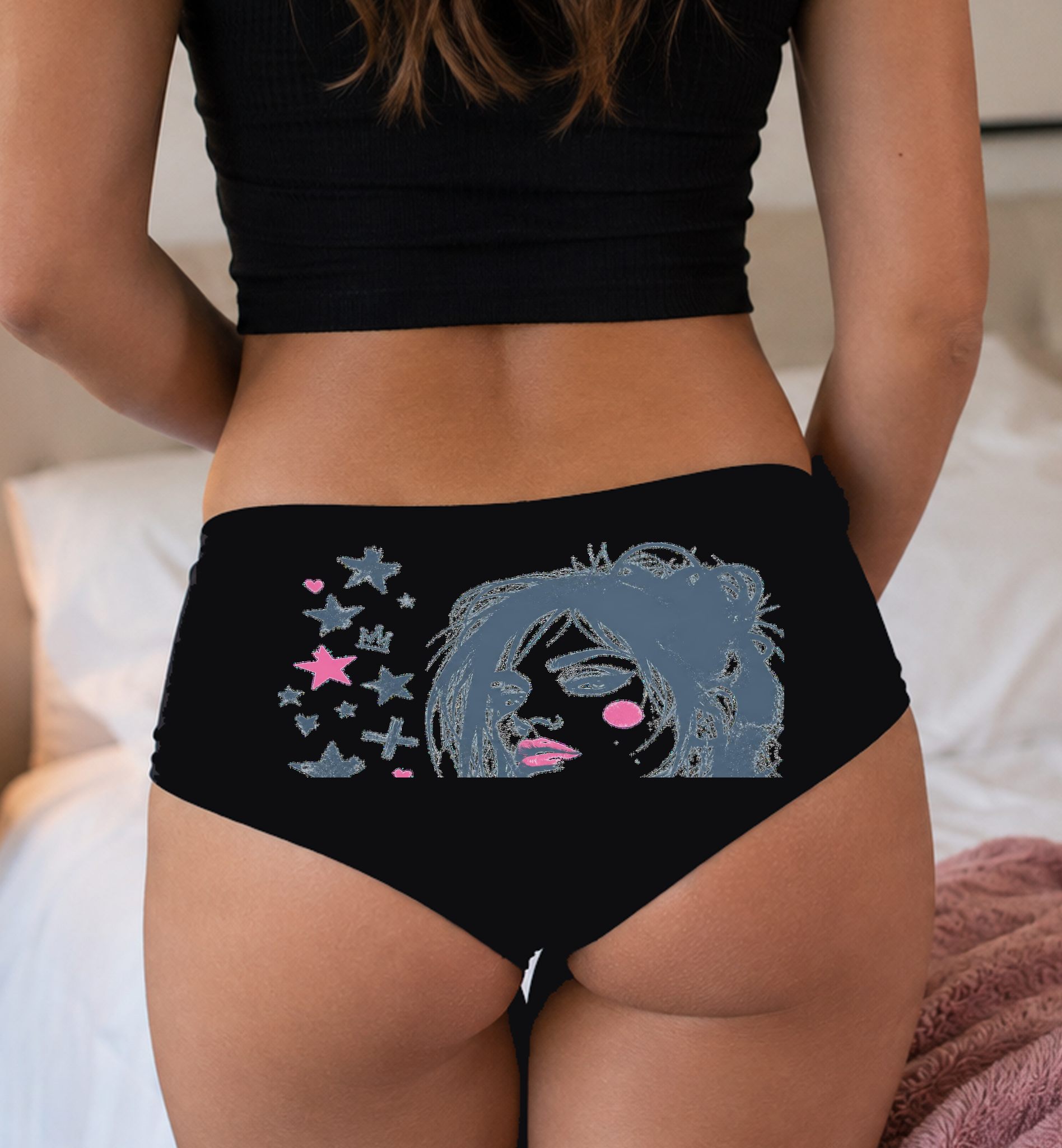 Grunge Stars Hearts Boyshort Panties — Black Cotton, Distressed Girl Stencil Print — lifestyle image