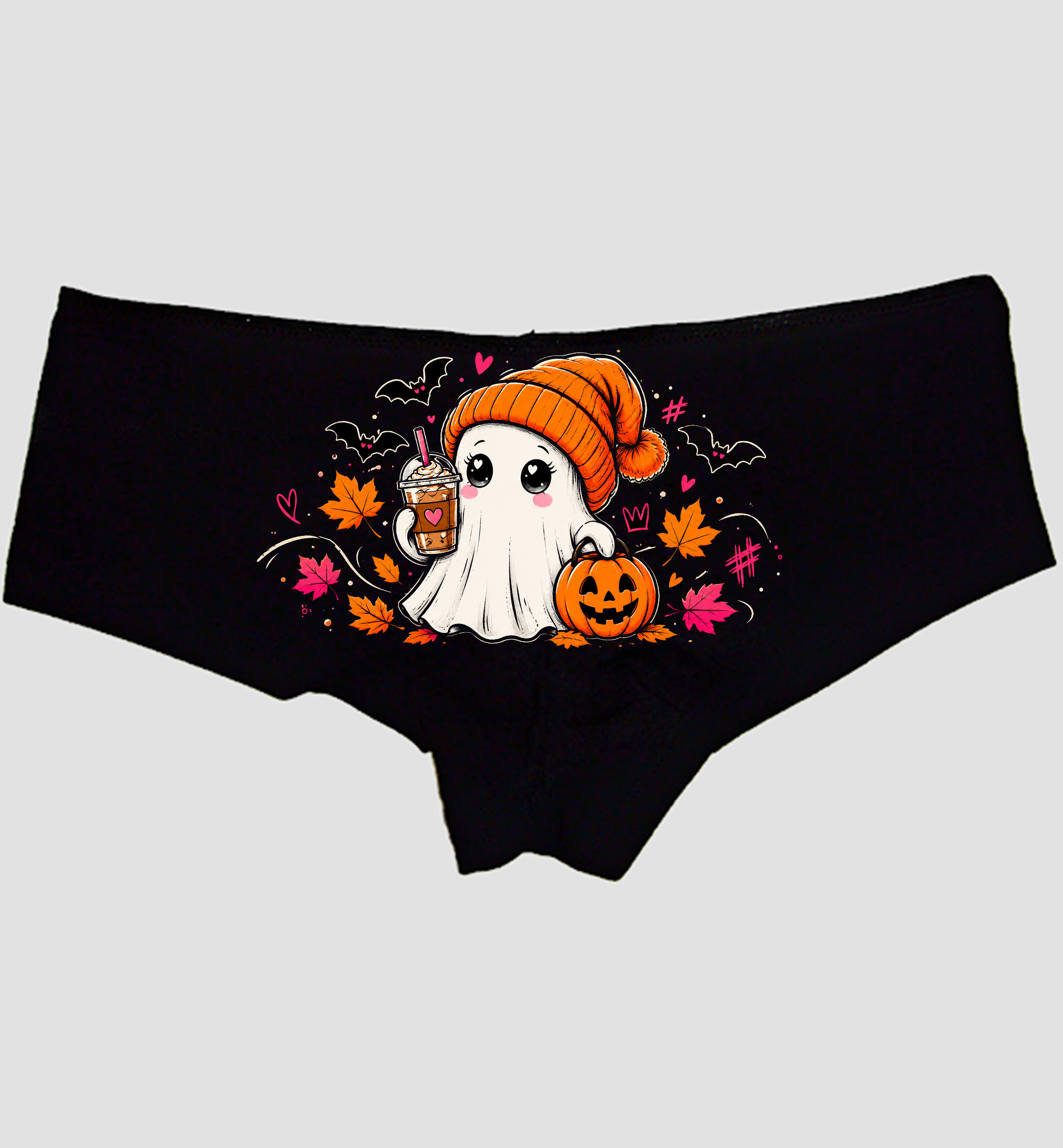 Black boyshort panties with a ghost in an orange beanie holding a latte and pumpkin — Sexy Girl Rock