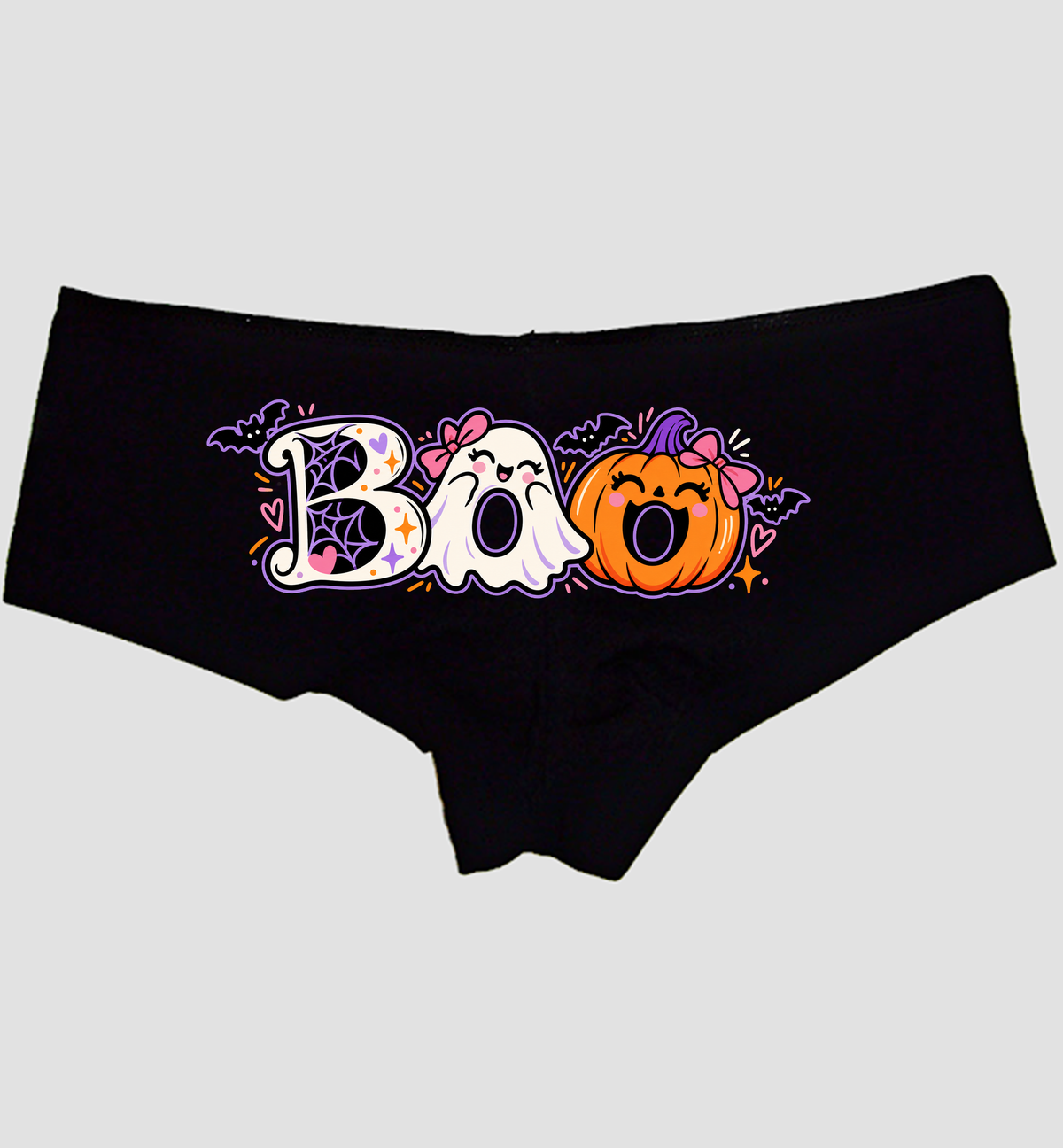 Black boyshort panties spelling BOO with a bow ghost and a bow pumpkin — Sexy Girl Rock