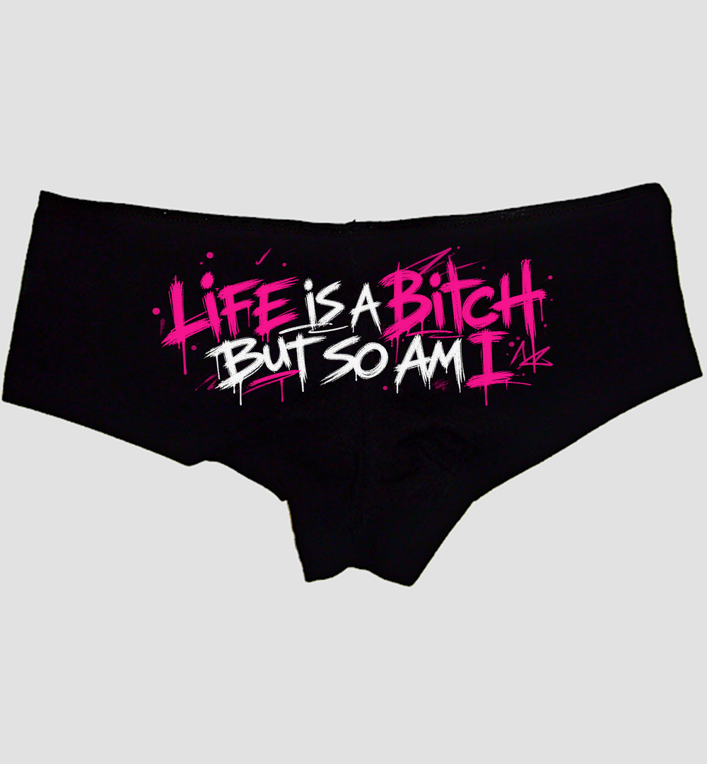 Black cotton boyshort panties with hot pink and white graffiti text centered on the seat — Sexy Girl Rock