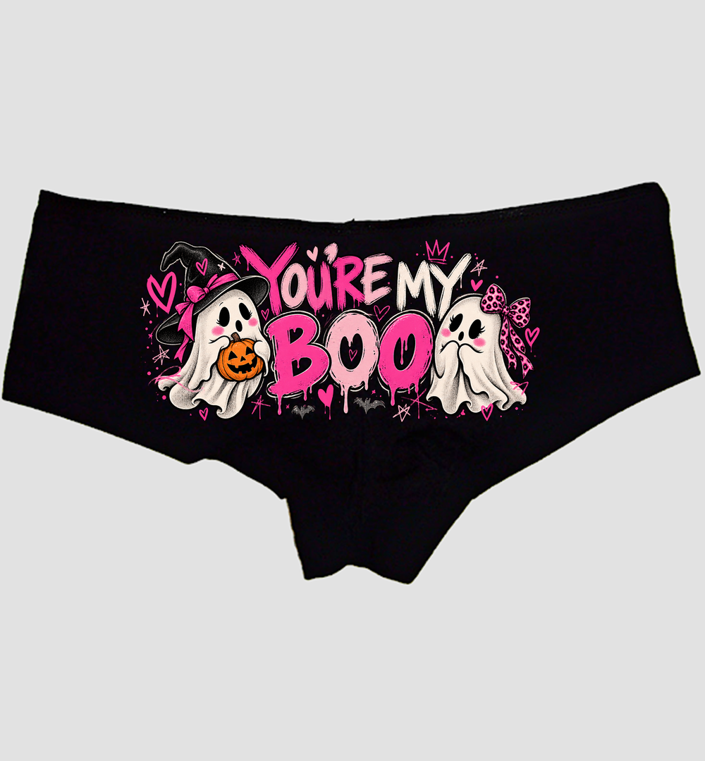 Black boyshort panties printed YOU'RE MY BOO with a witch ghost and a bow ghost — Sexy Girl Rock
