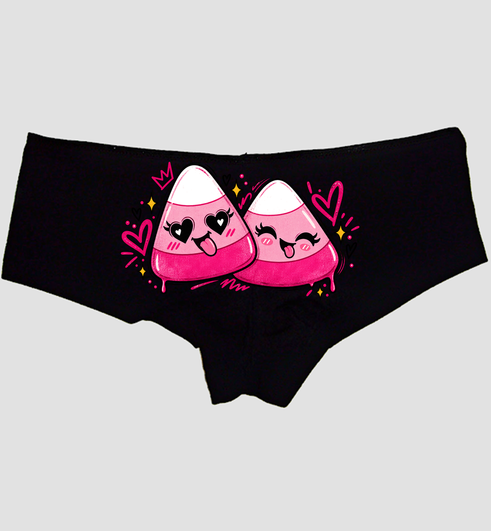 Black boyshort panties with two pink candy-corn characters and white tips — Sexy Girl Rock