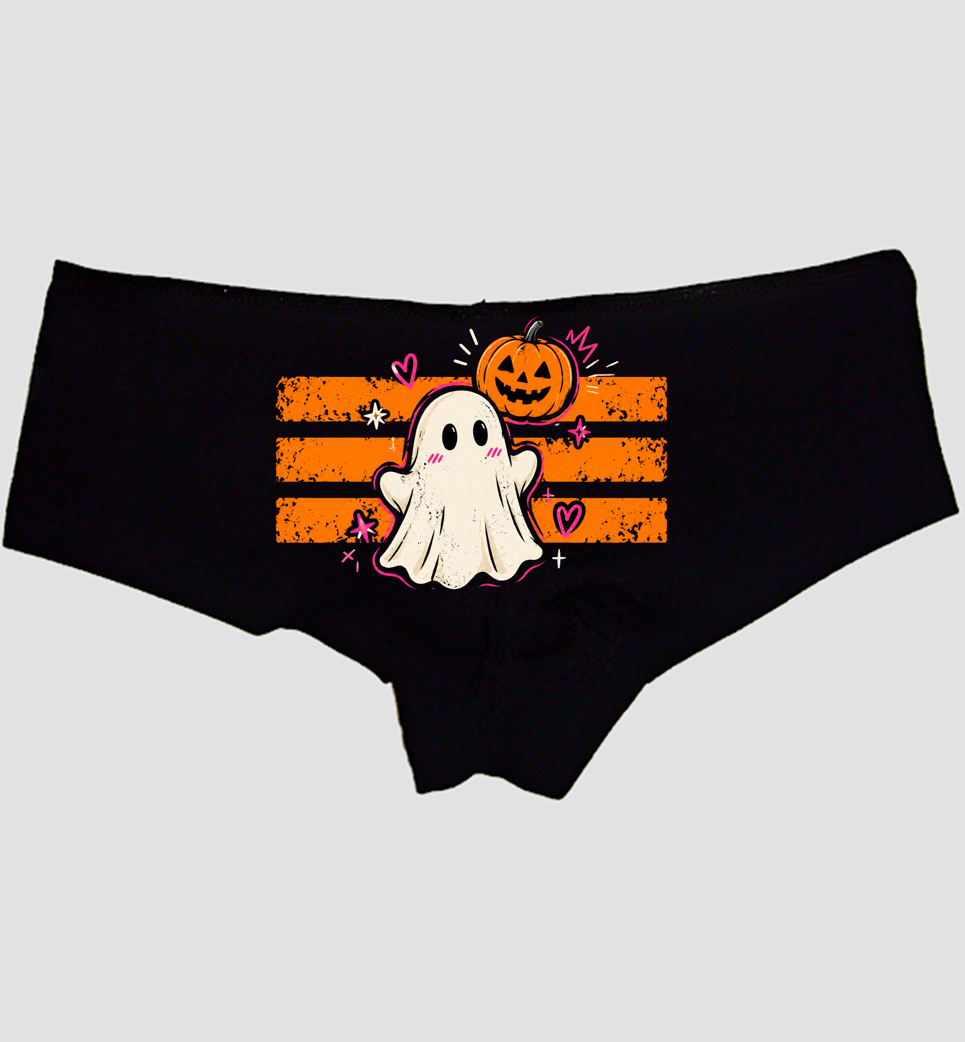 Black boyshort panties with a ghost on orange stripes and a jack-o'-lantern — Sexy Girl Rock